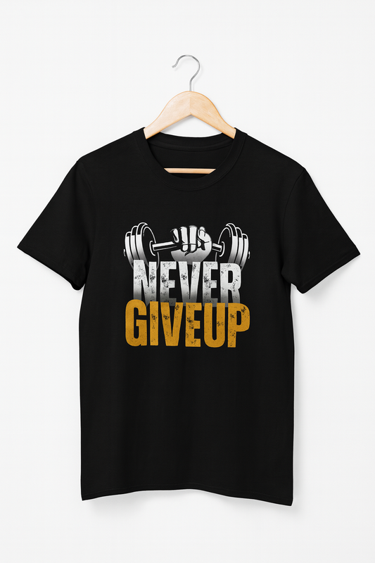 NEVER GIVE UP Gym T-Shirt – Premium Motivational Fitness Tee for Men & Women