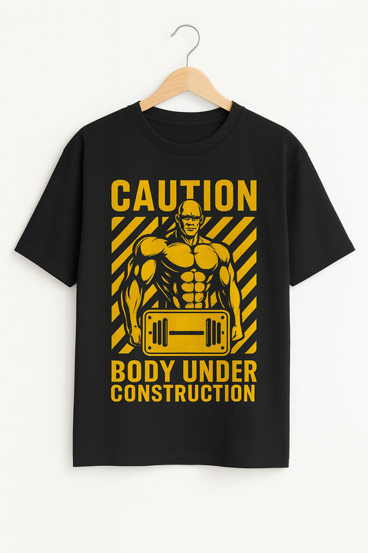 Caution Body Under Construction – Gym T-Shirt for Men (Black)